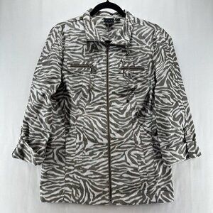 Tribal Jacket Womens Sz 8 Windbreaker Utility Zebra Print Roll Tab Sleeve Gray